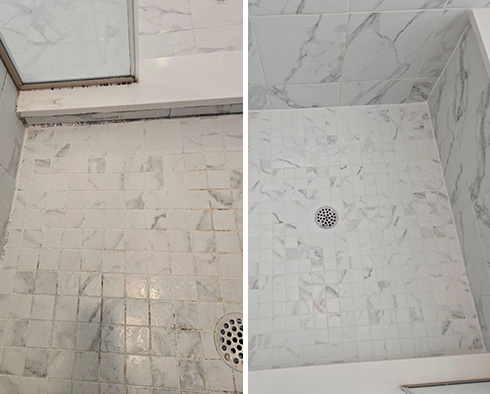 Shower Floor and Walls Before and After a Grout Cleaning in Benson