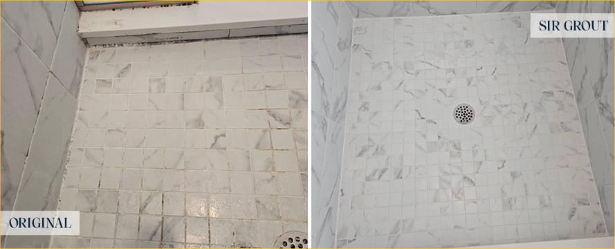 Shower Floor Before and After a Grout Cleaning in Benson