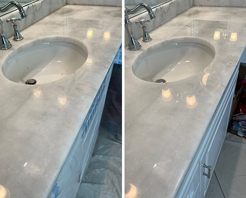 Vanity Top Before and After a Stone Polishing in Apex, NC