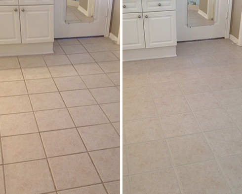 Bathroom Floor Before and After a Grout Cleaning in Raleigh, NC