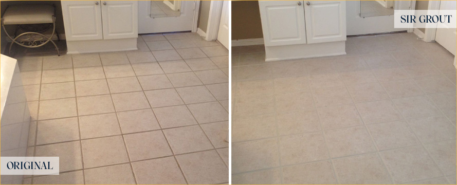 Bathroom Floor Before and After a Flawless Grout Cleaning in Raleigh, NC