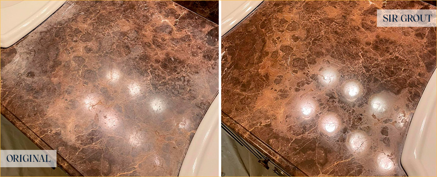 Vanity Top Before and After a Perfect Stone Honing in Apex, NC