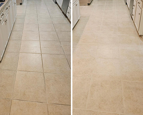 Floor Before and After a Grout Cleaning in Fuquay-Varina, NC