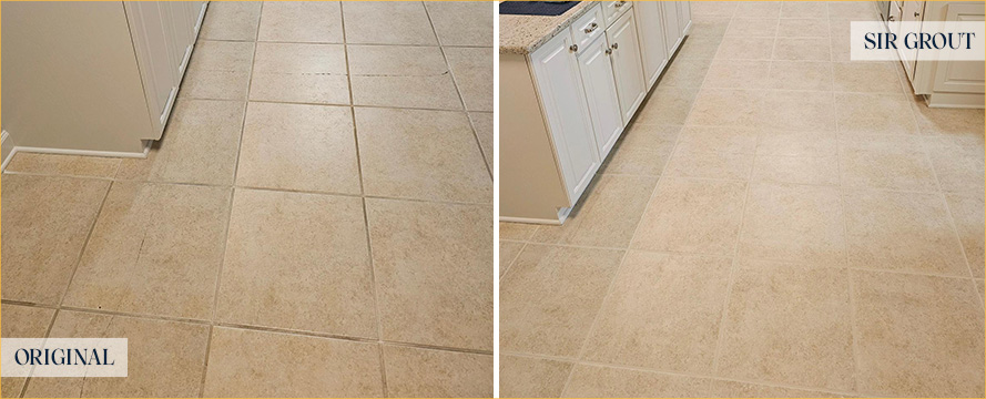 Kitchen Floor Before and After a Grout Cleaning in Fuquay-Varina, NC